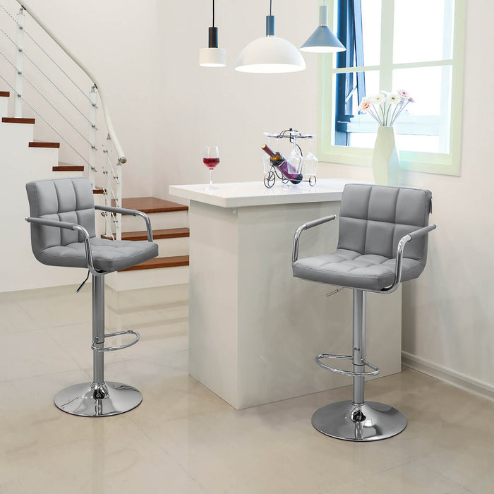 Grey Leather Kitchen Bar Stools With Arms, Set of 2