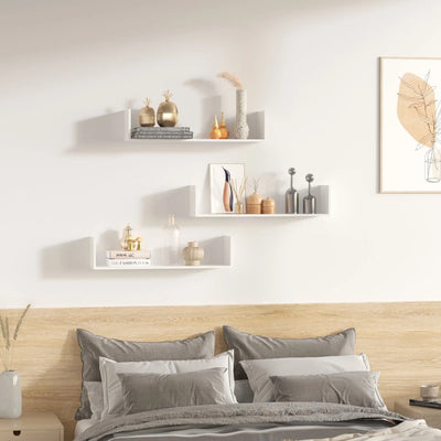 Set of 3 Wooden U-Shaped Floating Shelves, Wall Mounted Homcom