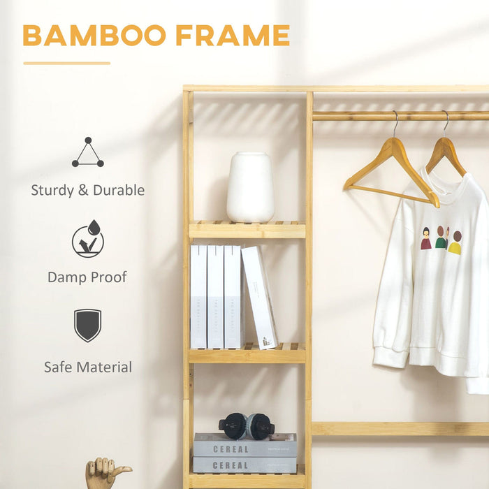 Bamboo Clothes Rack w/ Shelf, Rail & Hooks, Natural