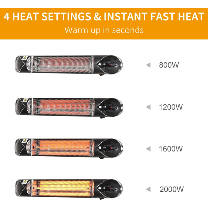 2000W Wall Mounted Patio Heater - Remote, 4 Settings, Timer