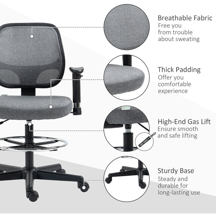 Drafting Chair With Arms, Wheels, Adjustable Footrest, Grey