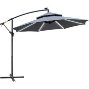 Outsunny 3(m) Cantilever Banana Parasol Hanging Umbrella with Double Roof, LED Solar lights, Crank, 8 Sturdy Ribs and Cross Base for Outdoor, Garden Outsunny