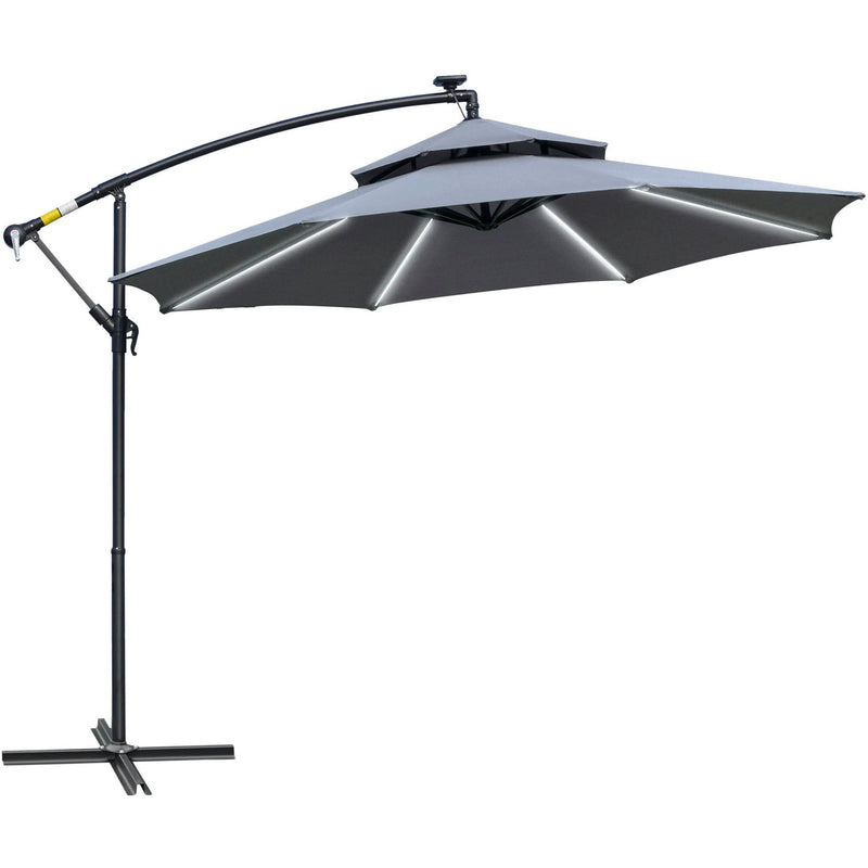 Outsunny 3(m) Cantilever Banana Parasol Hanging Umbrella with Double Roof, LED Solar lights, Crank, 8 Sturdy Ribs and Cross Base for Outdoor, Garden Outsunny