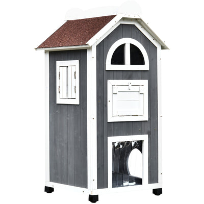 Wooden Cat Shelter, 2 Floors - Grey & White Pawhut