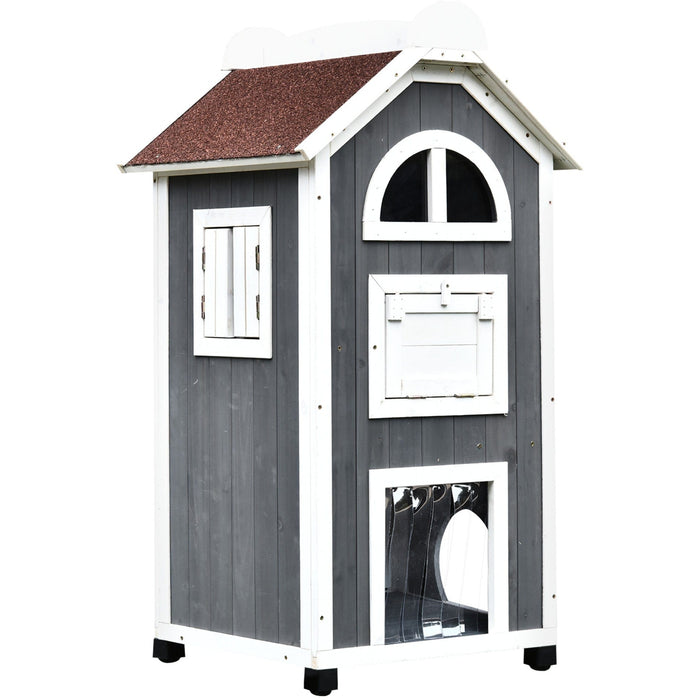 Wooden Cat Shelter, 2 Floors - Grey & White