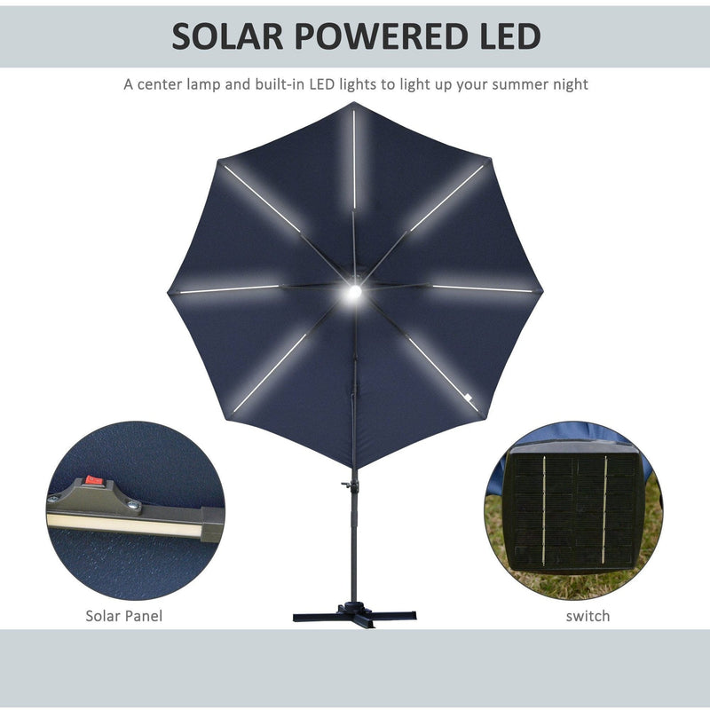 Image of a blue cantilever parasol with solar lights