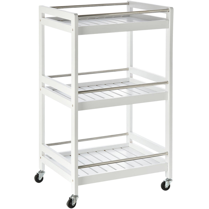 3-Tier Kitchen Storage Trolley, Steel Bars, 4 Wheels, White