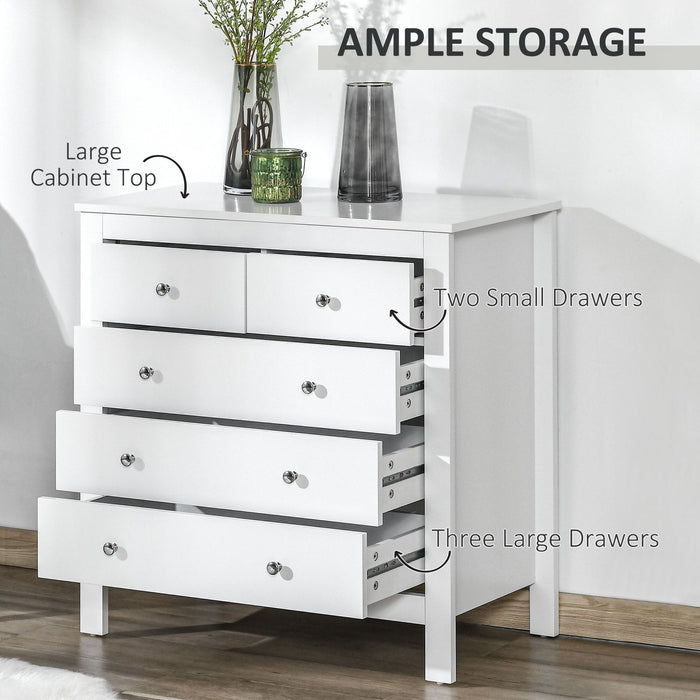 Modern 5 Drawer Chest, Metal Handles, Bedroom Storage, White