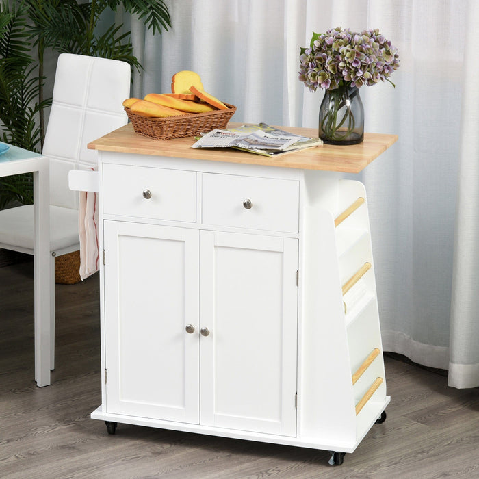 Kitchen Island With Spice Rack, White With Rubber Wood Top