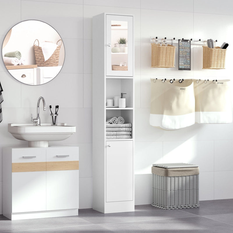 Tall White Freestanding Bathroom Storage Cabinet With Mirror