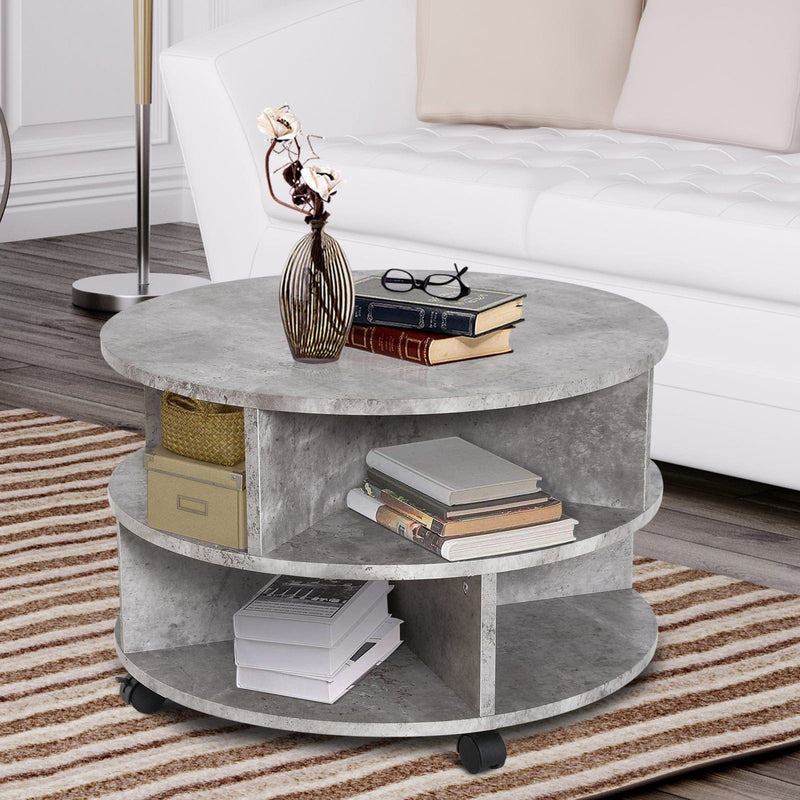 Round Side Table with Shelves and Wheels, Cement Colour