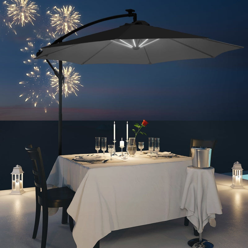 3m Banana Cantilever Patio Umbrella With Lights, Cross Base