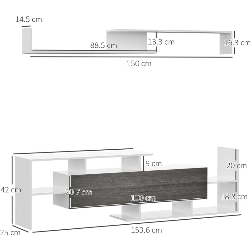 White & Grey TV Cabinet with Wall Shelf and Storage