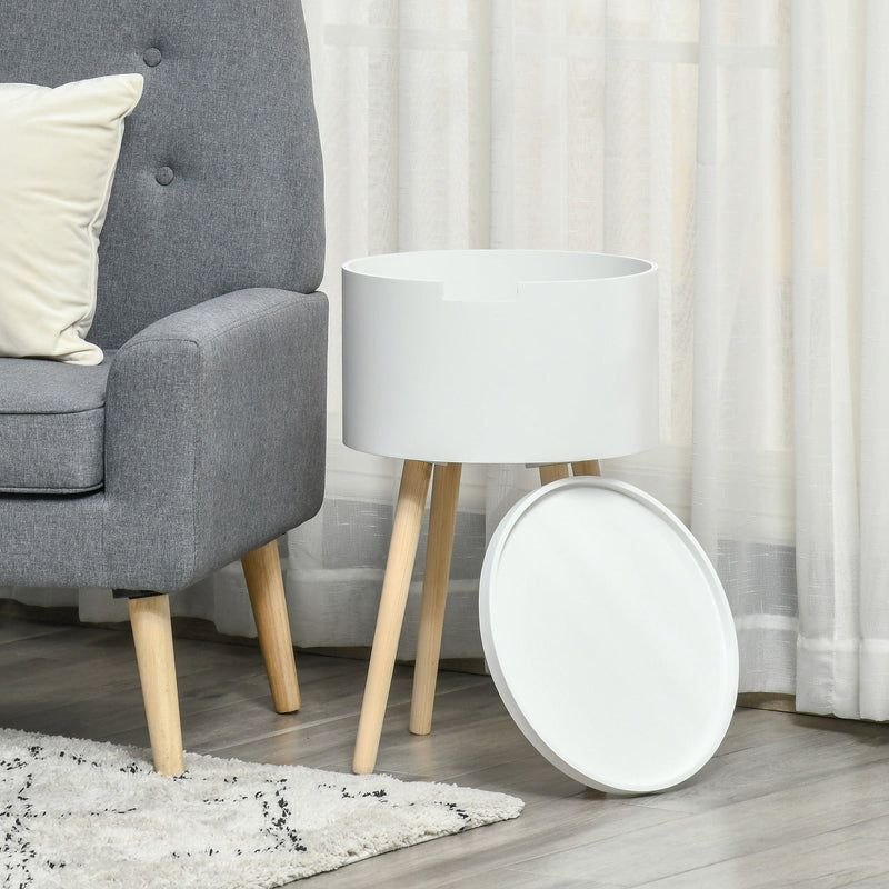 Round Side Table with Hidden Storage, Removable Tray, Wood