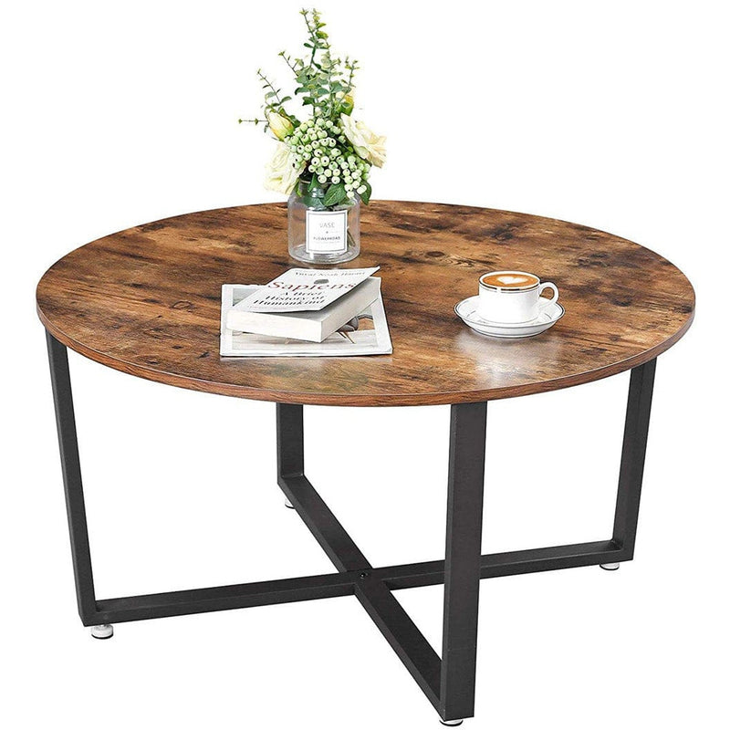 Round Industrial Coffee Table by Vasagle - Features a black steel frame and a rustic brown wooden top - perfect for living rooms