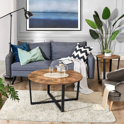 Round Industrial Coffee Table by Vasagle - Features a black steel frame and a rustic brown wooden top - perfect for living rooms