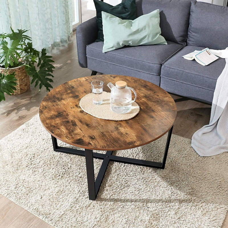 Round Industrial Coffee Table by Vasagle - Features a black steel frame and a rustic brown wooden top - perfect for living rooms