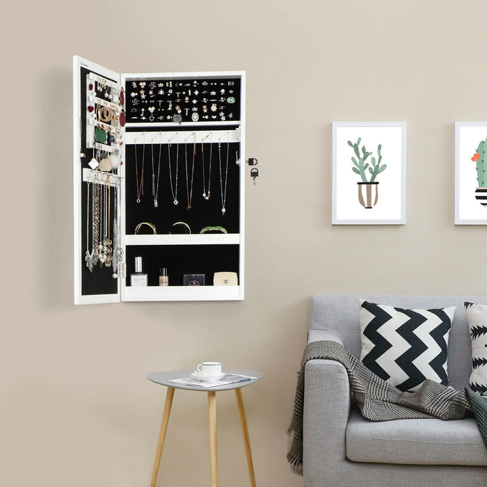 Wall Mounted White Jewellery Cabinet With Mirror and Lock