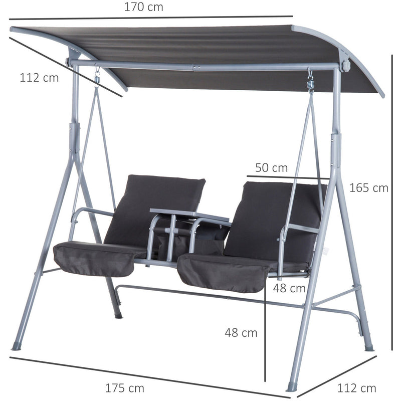 2 Seater Garden Swing Chair With Tilting Canopy & Storage Outsunny