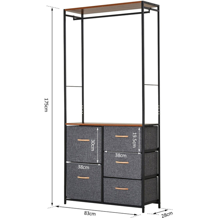 Steel Frame Chest of Drawers with Coat Rack, Black Brown