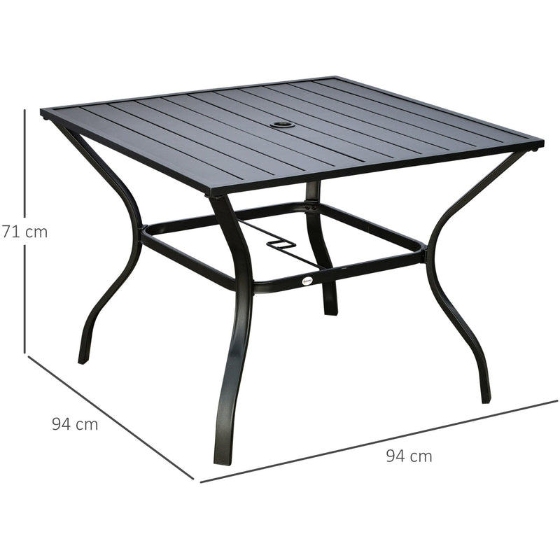 4 Person Square Garden Table For Outdoor Dining - Slatted Metal Plate Top With Parasol Hole - Black Outsunny