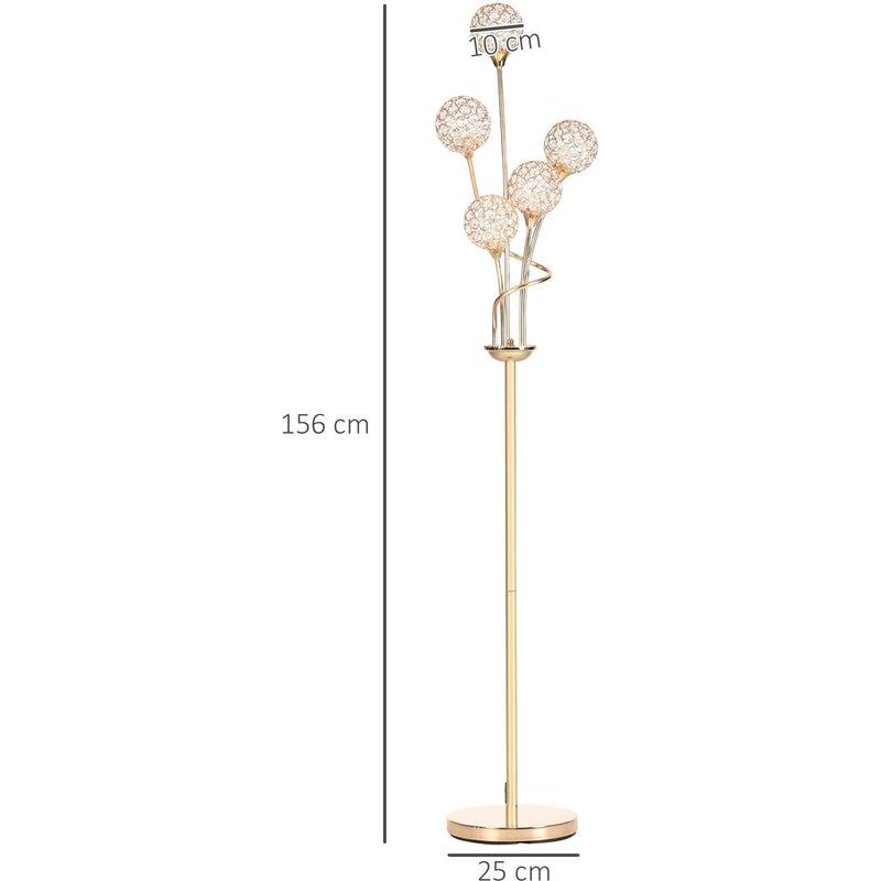 HOMCOM Crystal Floor Lamps for Living Room Bedroom with 5 Light, Modern Upright Standing Lamp, 34x25x156cm, Gold Tone Homcom
