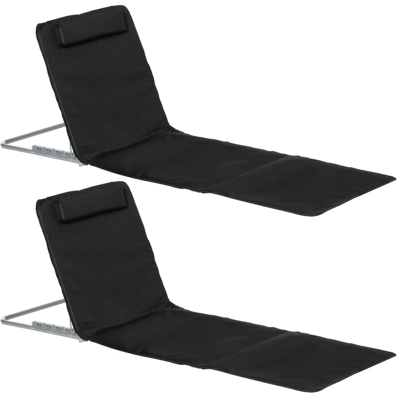 Outsunny Set of 2 Foldable Garden Beach Chair Mat Lightweight Outdoor Sun Lounger Seats Adjustable Back Metal Frame PE Fabric Head Pillow, Black Outsunny