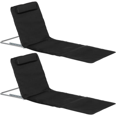 Outsunny Set of 2 Foldable Garden Beach Chair Mat Lightweight Outdoor Sun Lounger Seats Adjustable Back Metal Frame PE Fabric Head Pillow, Black Outsunny