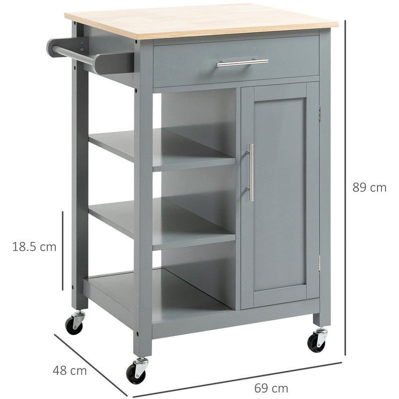 Small Kitchen Trolley on Wheels, Open Shelf, Drawer, Grey