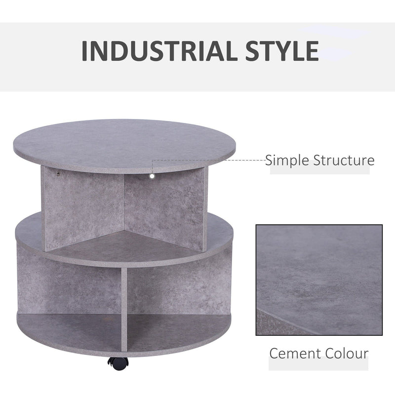 Round Side Table with Shelves and Wheels, Cement Colour