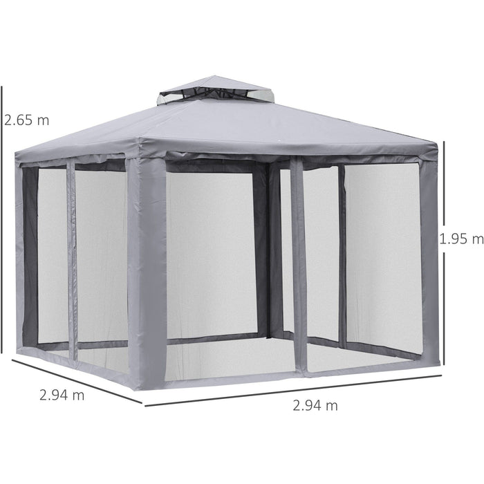 Stylish Metal Frame Gazebo With Mesh Sides, Vented Roof, 3x3