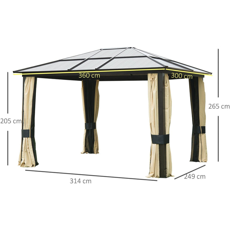 Hardtop Gazebo, Polycarbonate Roof, Garden Pavilion, 3.6x3m