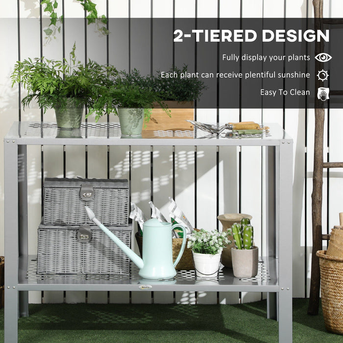 Silver 2-Tier Corner Plant Stand with Steel Frame