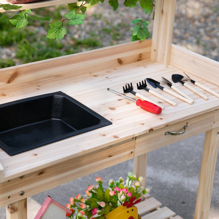 Wooden Potting Bench, Wheels, Sink, Drawer