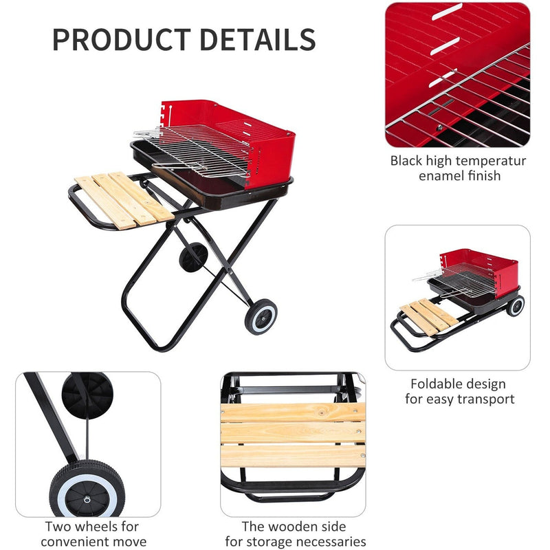 Foldable Charcoal Grill with Wheels - Red & Black