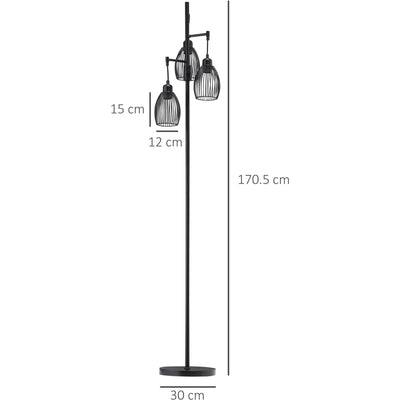 Industrial Floor Lamp, 3 Lights, Dimmable, Metal Shades Homcom