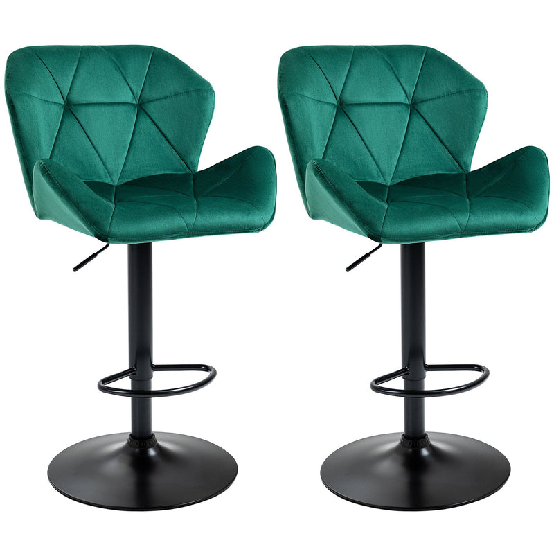 Set of 2 Kitchen Bar Stools With Backs, Green Velvet