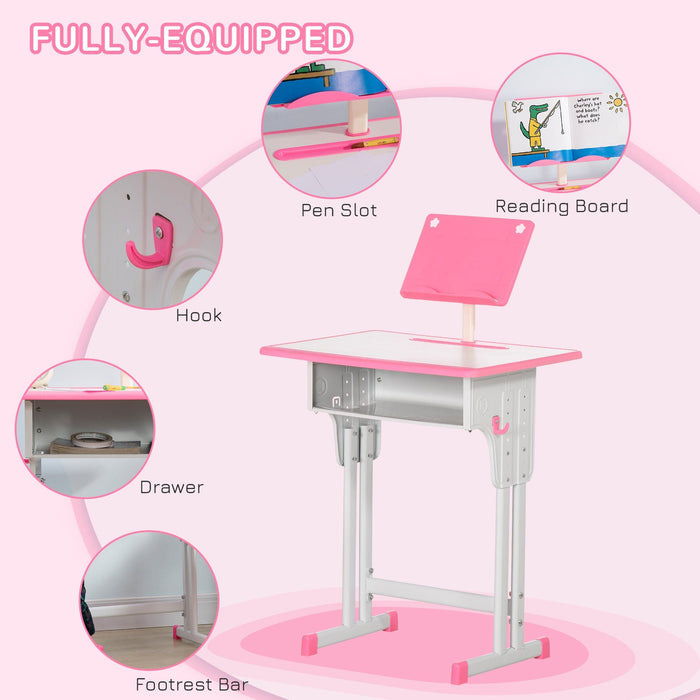Kids Desk & Chair Set with Storage & Book Stand, Pink