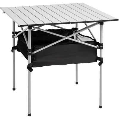 Outsunny Aluminum Roll-Top Table w/ Mesh Bag Camping Outdoor Dining Foldable w/ Steel Frame Picnic Lightweight Hiking Furniture Desk, Silver Black Outsunny