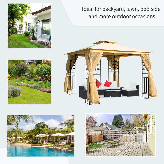 Metal Frame Garden Gazebo With Curtains,3x3m, Beige