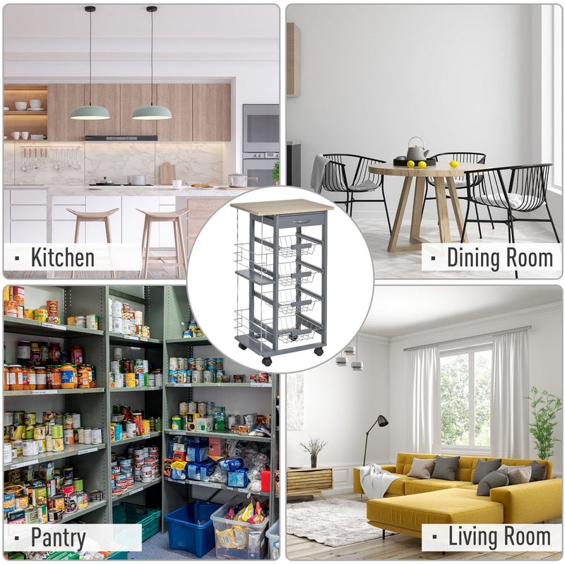 Kitchen Island on Wheels, 4 Baskets, 2 Racks