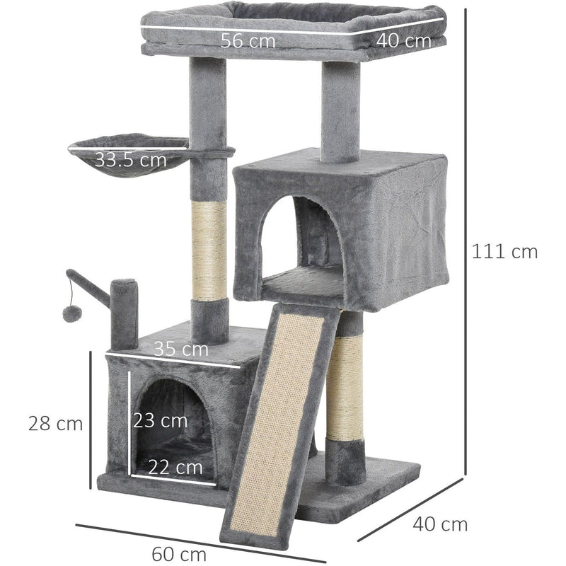 111cm Cat Tree, Climbing Centre, Sisal Post, Hammock, Grey