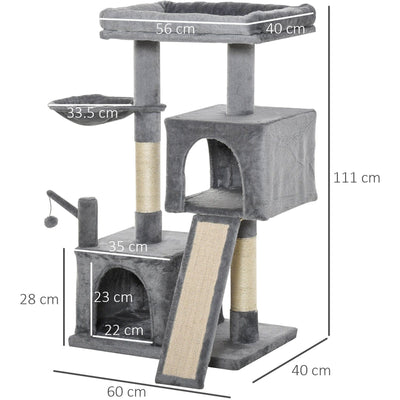 111cm Cat Tree, Climbing Centre, Sisal Post, Hammock, Grey Pawhut
