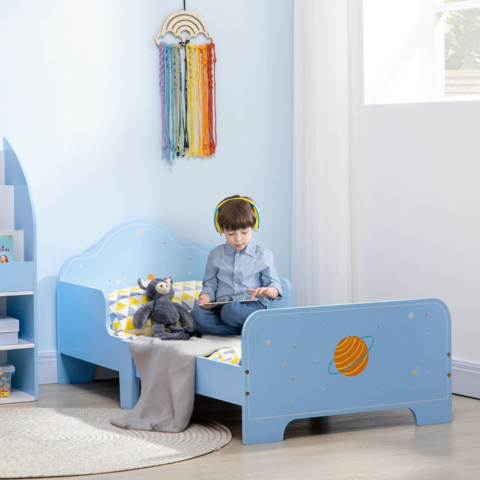 Blue Toddler Bed: Rocket & Plants Patterns, Safety Rails