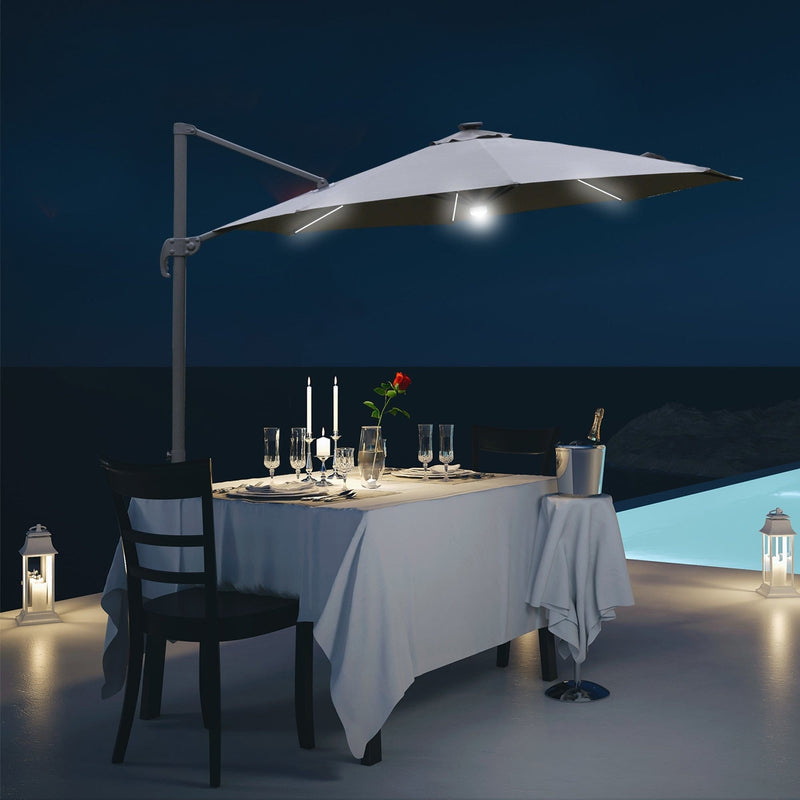 Image of a grey cantilever parasol with solar lights