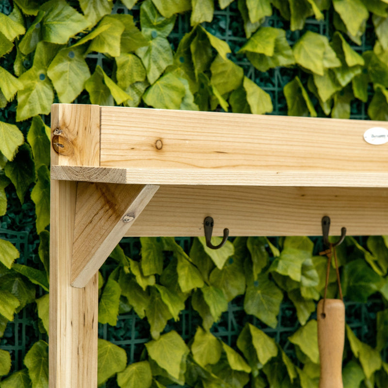 Outsunny Garden Potting Bench Table, Wooden Workstation Bench w/ Galvanized Metal Tabletop, Storage Shelves and Hooks, Natural Outsunny