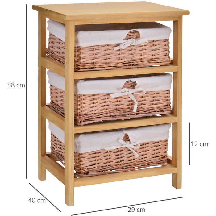 3 Drawer Wicker Basket Shelf, Wooden Frame, Bedroom/Office
