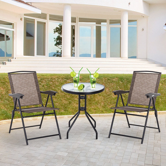 Folding Patio Bistro Set, 2 Folding Chairs, Glass Table, Brown