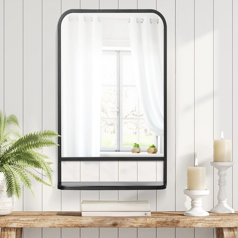 Rectangular Wall Mirror With Shelf, Black Frame