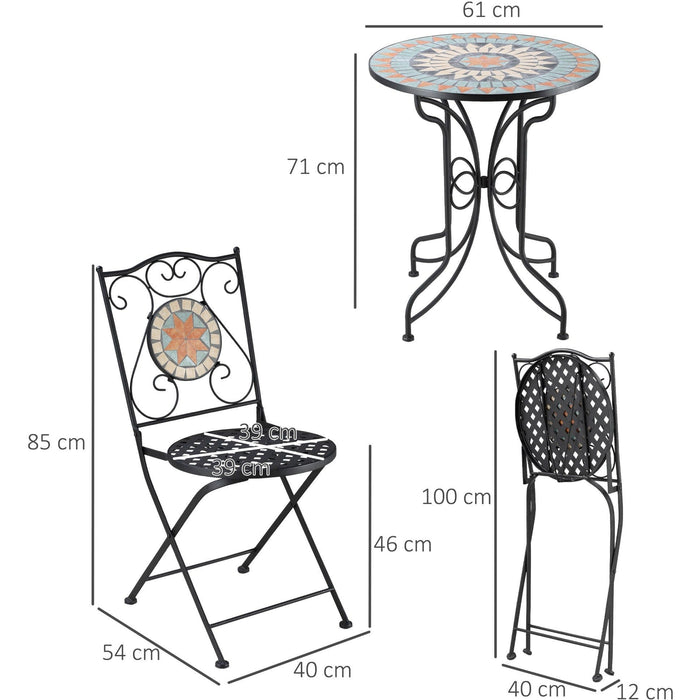 Mosaic Metal Garden Bistro Set, Light Blue, Round  Tabletop